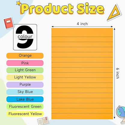 9 Pack Lined Sticky Notes 4x6 in Post, 9 Bright Colors Sticky Notes with Lines, Self-Stick Note Pads, Large Ruled Memo Pads for Office Home School Supplies, 40 Sheets/Pad