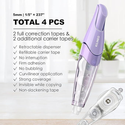 Refillable Retractable Correction Tape, Pen Shaped Smooth Pull Correction Tape Set, Correction Tape, Japanese Aesthetic Cute Correction Tape for Office Supplies, 4 PCS (ZH-87)