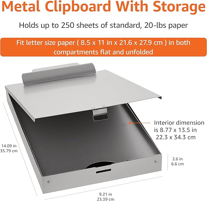 Amazon Basics Metal Clipboard with 2 Compartments and Interior 250 Sheet Paper Storage, 14.09 x 9.21 x 2.6 Inches, letter size, Silver