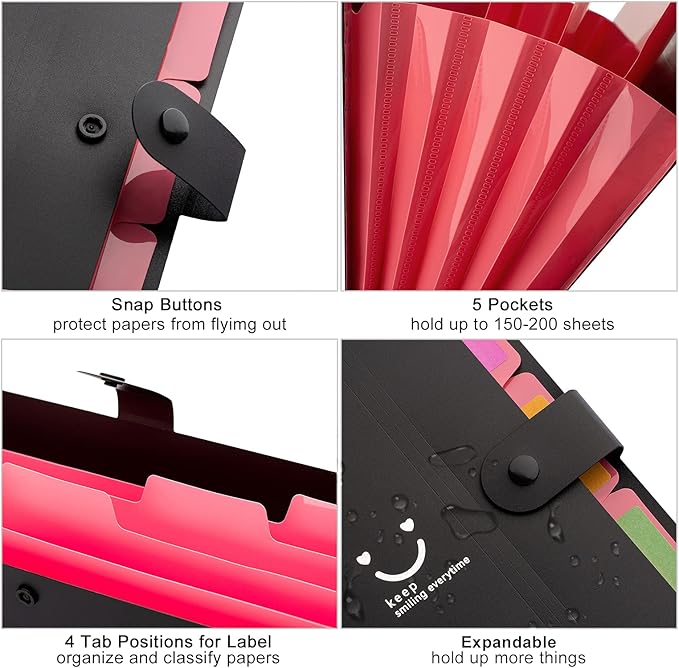Forvencer Accordion File Organizer, Letter Size, 5 Pocket Expanding File Folder, Cute File Folder with Labels, Portable File Organizer for School Office Supplies, Folders for Documents, Black