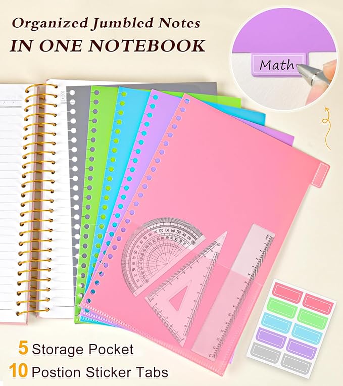 5 Subject Notebook College Ruled, Hardcover Spiral Notebook with Removable Pocket Dividers Tabs, 240 Pages Lined Spiral Journal Notebook for Women, 6x8.5 Notebooks for Work School Note taking A5 Pink