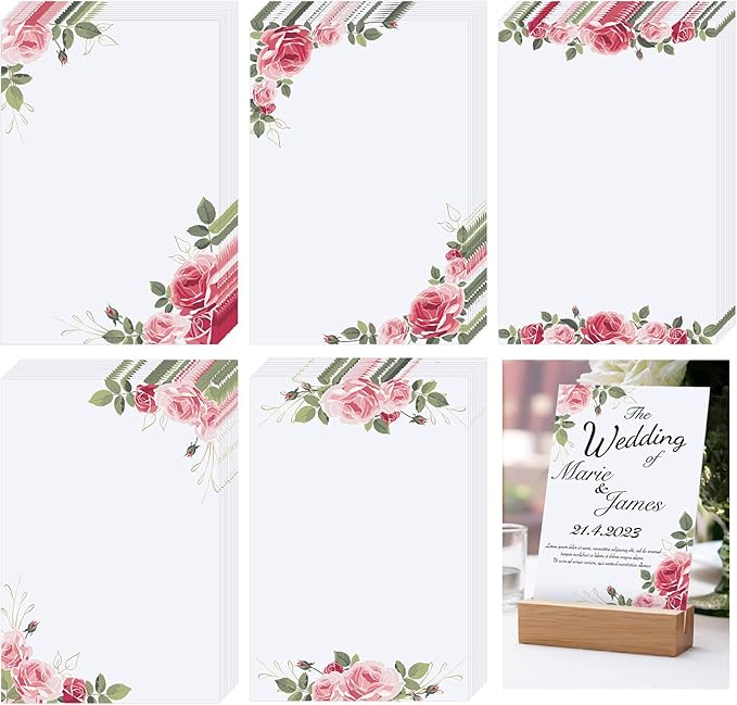 PerKoop 50 Pcs Blank Note Cards Decorative Notecards 4x6in Greenery Floral Notecards Printer Paper Cardstock Cards for Wedding Office DIY Drawing Thank Greeting Supplies(Rose)
