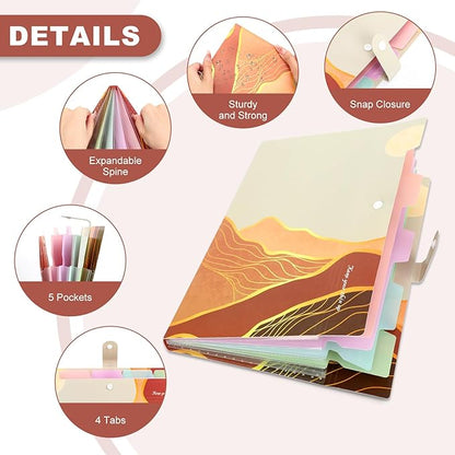 Ddaowanx Expanding File Folder, Letter A4 Size Accordion Plastic File Organizer, 5 Pocket Folders for Documents, Aesthetic Folder with Labels, Paper Organizer for School Office (Bohemian Printed 3)