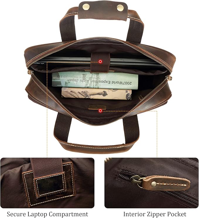 Polare Full Grain Leather 16.5'' Laptop Bag Briefcase for Men Business Messenger Work Bag Fits 15.6'' Laptop