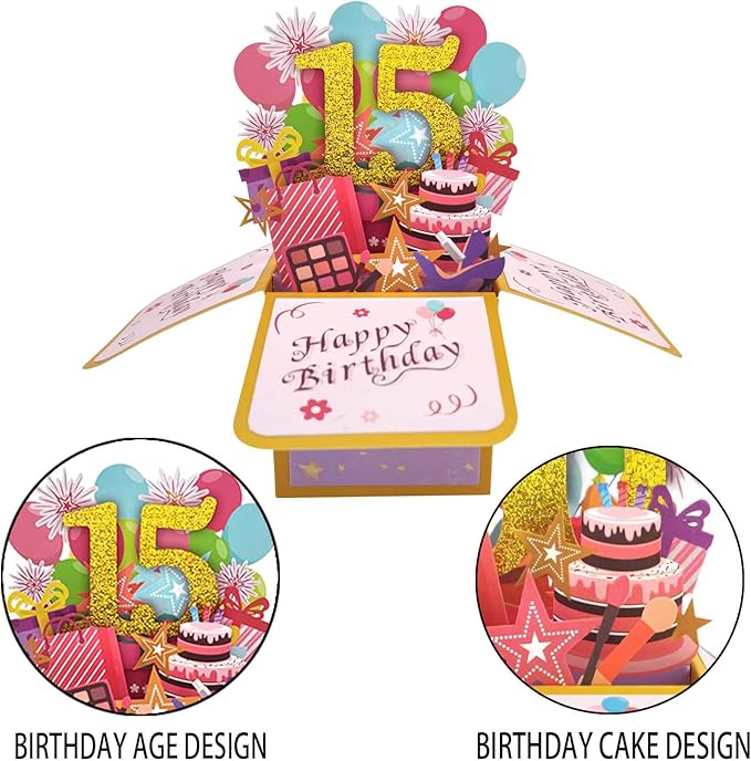 Asmallgf Sweet 15th Birthday Popup Greeting Card, Naughty Fifteen Bday Gift for Teen Girls Boys, Great 3D Greeting Card from Mom Dad
