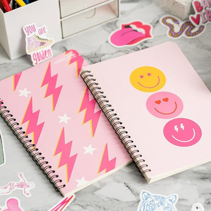 L1rabe 2 A5 Preppy Spiral Notebooks for Teens Girls Spring Back to School Y2K Hardbound Journal for College Student Happy Smile Hardcover Notebooks, Easter Gifts Pink Notepad Diary for School Supplies