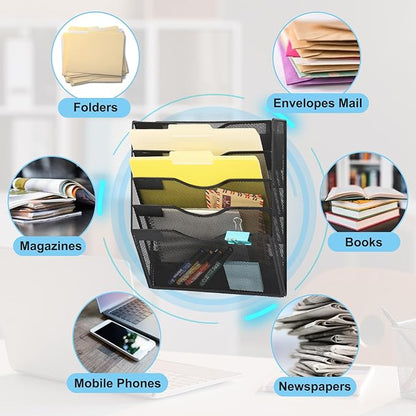 EASEPRES Magnetic 5 Pocket Mesh Hanging File Organizer, Wall Mounted Mail Paper Document Folder Holder, Clipboard Storage Organization Magazine Rack with Nametag Label for Office Home School, Black