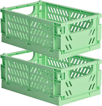 2-Pack Small Pastel Plastic Storage Baskets, Collapsible Crates for Organizing, Space-Saving Mini Bins for Classroom, Kitchen, Office, Bedroom (Green, 9.8" x 6.5" x 3.8")