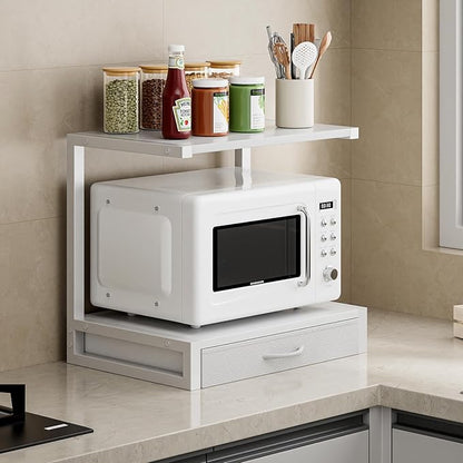 2-Tier Desktop Printer Stand with Fabric Drawer, Prtiner Table with Storage Shelf, Desk Organizer for Home Office,3D Printer,Fax Machine,Scanner, 17.3"x11.8" White