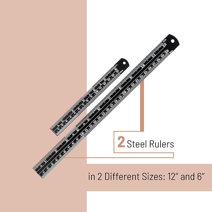 Mr. Pen- Steel Rulers, 2 Pcs, 6" and 12", Black, 6 Inch Ruler Metal Rulers, Small Metal Ruler 6 Inch Metal Ruler Thin Flat, Stainless Steel Ruler 12 Inch, Centimeter Ruler, Steel Ruler 12 Inch
