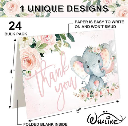 Whaline 24 Pack Baby Shower Thank You Cards Elephant Flower Greeting Cards with Envelopes Stickers Pink Floral Animal Blank Note Cards for Birthday Party Invitation Supplies, 4 x 6 Inch