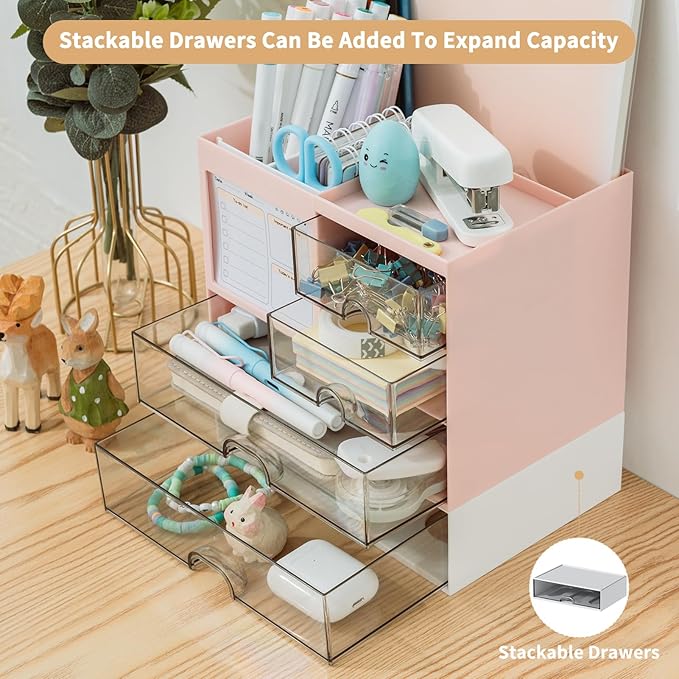 Desk Organizer with 3 Drawer, Multi-Functional Pencil Pen Holder for Desk, Desk Organizers and Storage with 8 Compartments, Desktop Organizer for Office Home Art Supplies (Pink)