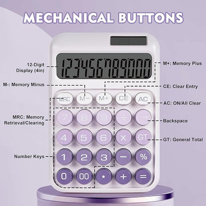 Mechanical Switch Calculator with Big Buttons, Calculators Desktop, 12 Digits, Solar Battery Power, Desk Calculator, Large LCD Display,Cute Purple Calculator for Teachers Students Basic Office