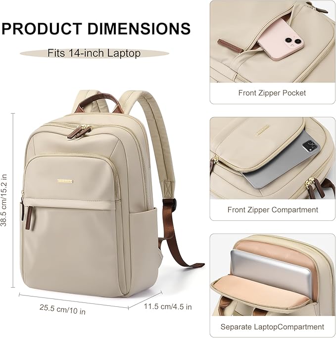 Laptop Backpack for Women Travel Work Commute Casual Daypack Backpack Purse Computer Bags Fit 14 Inch Notebook (Apricot)