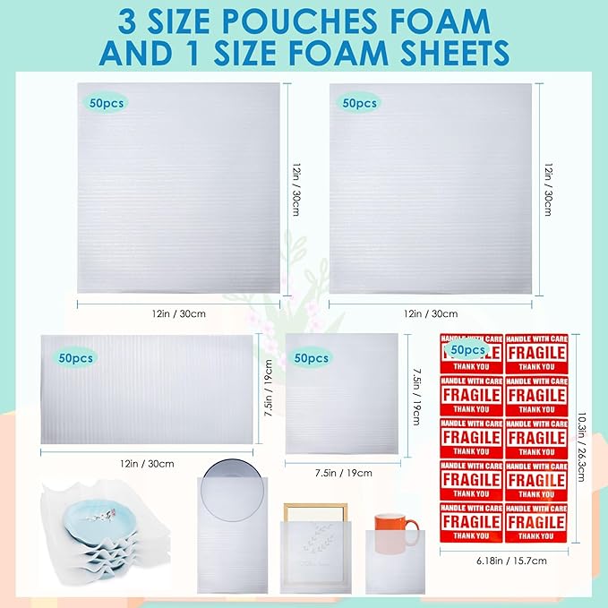 200 Pack Cushion Foam Pouches 3 Sizes wrap pouches with 12x12 Inch Foam Wrap Sheets dish packing kit Moving Fragile Items Packing Moving Supplies for Storage and Shipping With 50Fragile Stickers