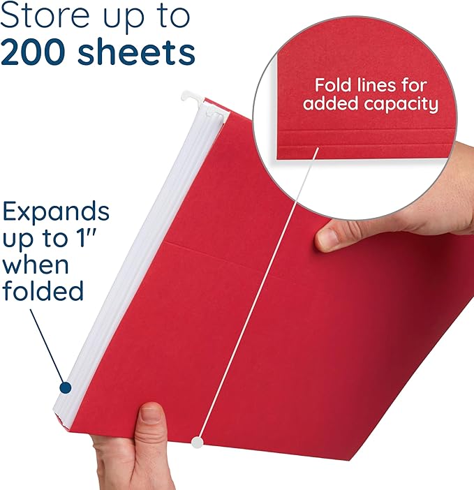 25 Blue Summit Supplies Red Hanging File Folders Letter Size – Durable 11pt Paper, Plastic Tabs and Inserts Included, Fits Standard Filing Cabinets and Desktop Organizers