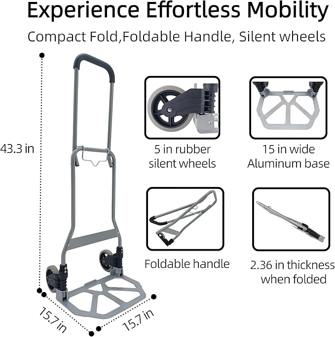 Folding Hand Truck, 165lbs Load Luggage Cart with Silent Wheel, Light Weight Portable Folding Dolly Multi-fuctional Foldable Hand Cart Heavy Duty Utility Cart for Home Office & Travel Use
