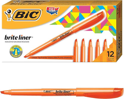 BIC Brite Liner Highlighters, Chisel Tip, 12-Count Pack of Orange Highlighters, Ideal Highlighter Set for Organizing and Coloring