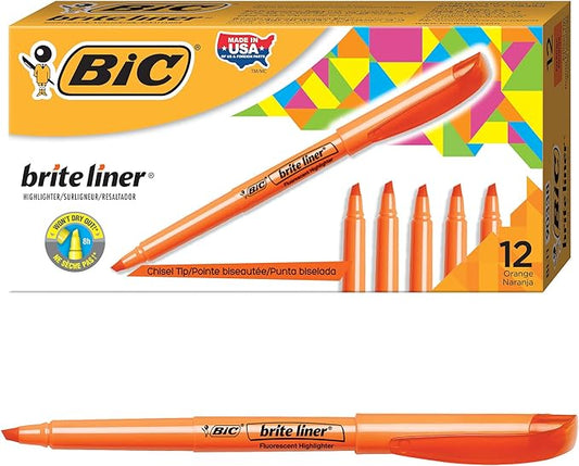 BIC Brite Liner Highlighters, Chisel Tip, 12-Count Pack of Orange Highlighters, Ideal Highlighter Set for Organizing and Coloring