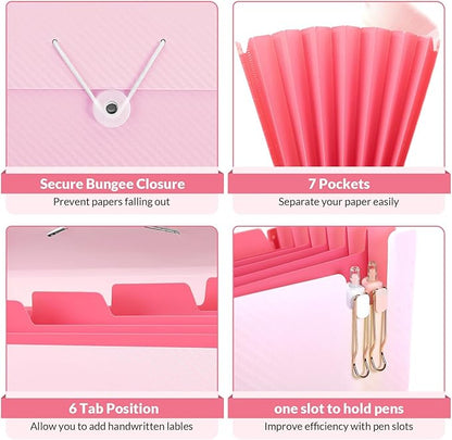 SKYDUE Pink School Office Supplies，Accordion File Organizer - 7 Pocket Letter Size Expanding Folder for School & Office - Portable Document Organizer