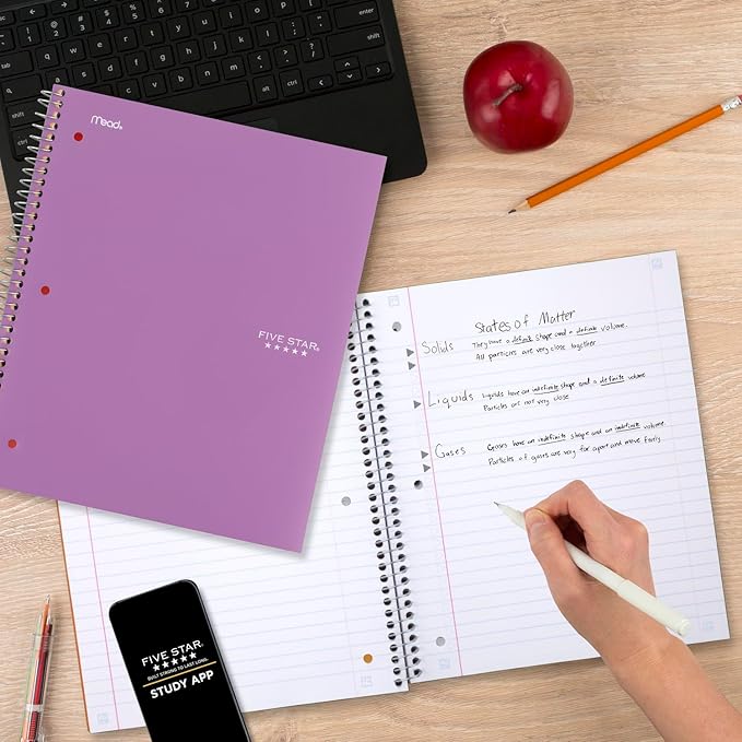 Five Star Spiral Notebook + Study App, 3 Subject, Wide Ruled Paper, Fights Ink Bleed, Water Resistant Cover, 8" x 10-1/2", 150 Sheets, Amethyst Purple (38737)