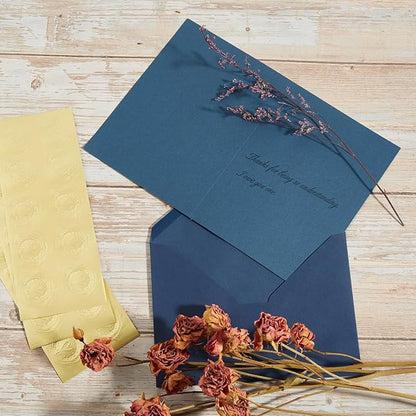 50 Pack Navy Blue A7 Envelopes with Cards 5x7 Thick Folded Cardstock and Gold Stickers for Greeting Cards, Wedding, Birthday, Invitations, Baby Showers (Navy Blue, 5x7)