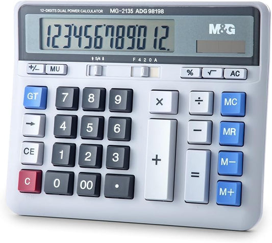 M&G Desktop Calculator 12 Digits Extra Large LCD Display, Dual Solar Power and Battery, Mechanical Calculator with Big Buttons, Battery Include, Basic Financial Calculator for Office Home School