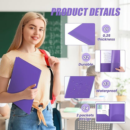 Gueevin 50 Pcs Plastic Folders with Pockets, Two Pocket Folder Fit Letter Size, Heavy Duty School Business Card Holder for Home Office School Bussiness, 11.61 x 9.45 Inches (Purple)