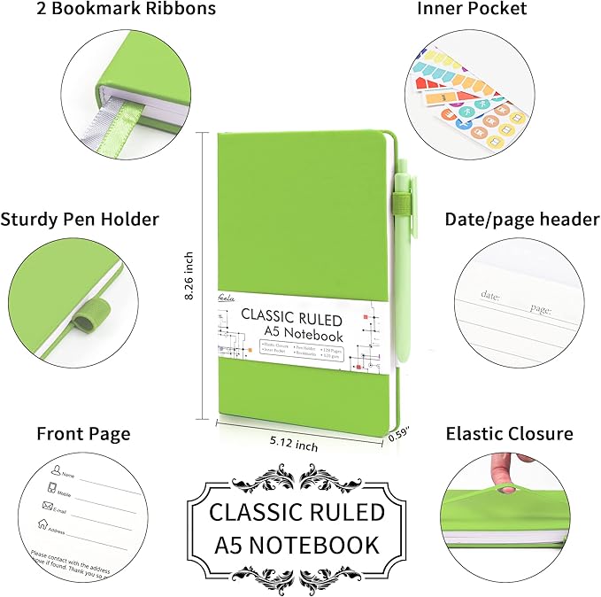 feela 3 Pack Notebooks Journals Bulk, Hardcover Notebook Classic Ruled Lined Journals with Pen Holder for Women Girls School Business Supplies, with 3 Black Pens, 120 GSM, 5.1”x8.3”, A5, Green
