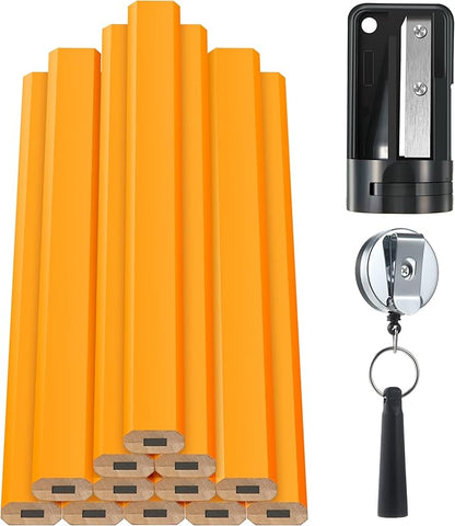 14 Pcs Carpenter Pencils, 7 Inches Flat Octagonal Hard Black Woodworking Construction Pencils Heavy Duty with Pencil Sharpener and Retractable Pencil Holder for Contractor Carpentry (Yellow)