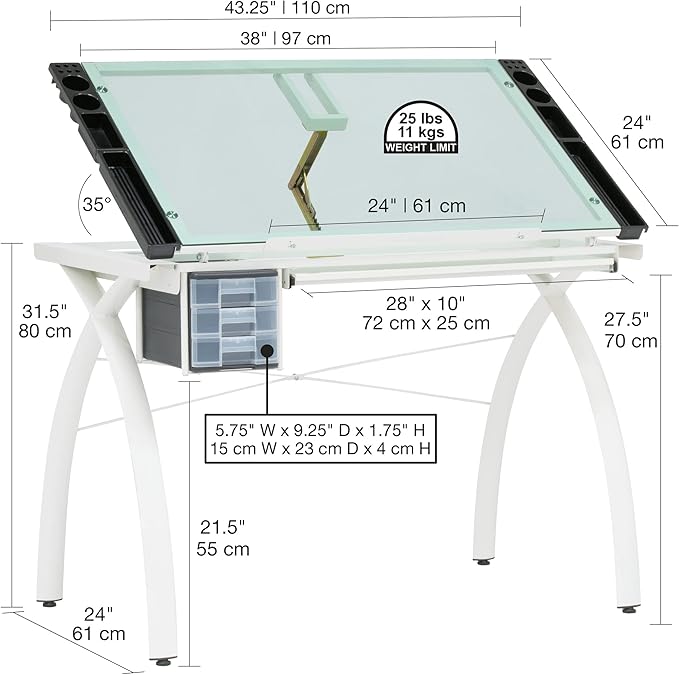 SD STUDIO DESIGNS Futura Craft Station 38" W Drawer and Built-in Pencil Ledge-Tilt Top Drafting Table, Glossy Sage/Clear Glass