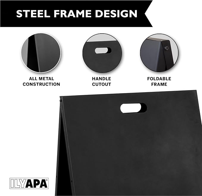 Ilyapa Modern All Metal Double Sided A Frame Chalkboard Sidewalk Sign- 19 x 30 inch Magnetic Chalk Menu Board Restaurant & Vendor Display Supplies for Outdoor Indoor Wedding Event Welcome