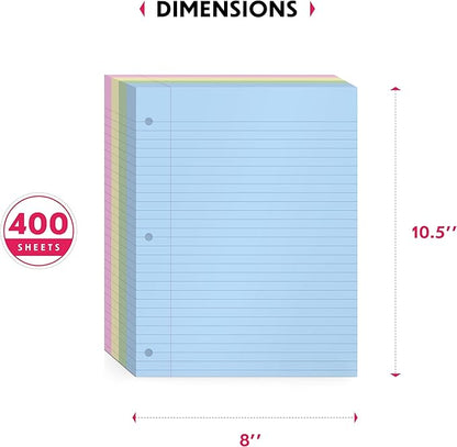 Colored Loose Leaf Paper, Wide Ruled, 400 Sheets (100/Pack) Filler Paper for Writing Notes - School, College, Office - 3 Hole-Punch Lined Sheets for Ring Binders, Pocket Folders - 8 x 10.5