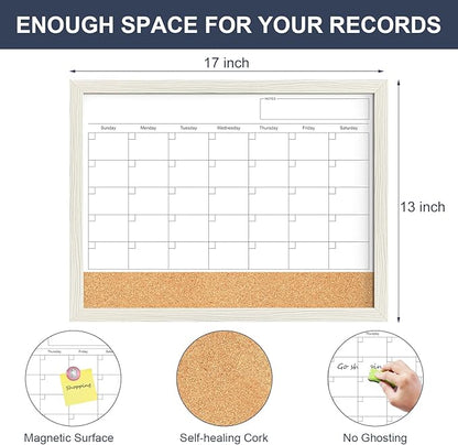 Calendar Whiteboard for Wall, TANKEE 17"x13" Whiteboard Calendar Cork Board Combo, Magnetic White Board Monthly Calendar with Wood Framed, Hanging Dry Erase Board for Kitchen Home Office Planner