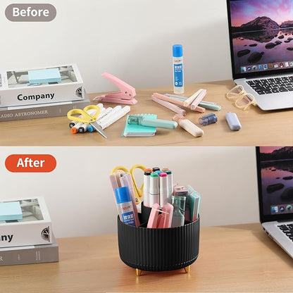 Desk Pen Holder, 5 Slot 360 Rotating Pen Organizer for Desk, Desktop Storage Stationery Supplies Organizer, Cute Pencil Cup Pot for Office, School, Home, Art Supply, Black