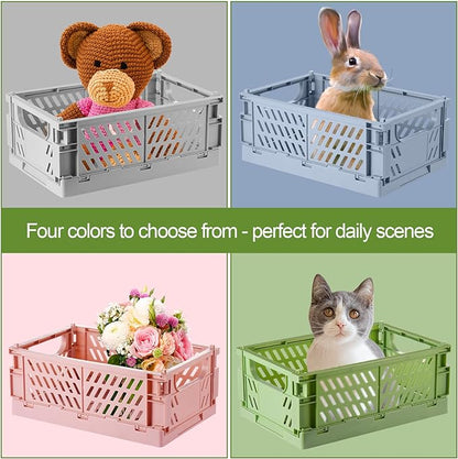 4-Pack Small Pastel Plastic Storage Baskets, Collapsible Crates for Organizing, Space-Saving Mini Bins for Classroom, Kitchen, Office, Bedroom (9.8" x 6.5" x 3.8")