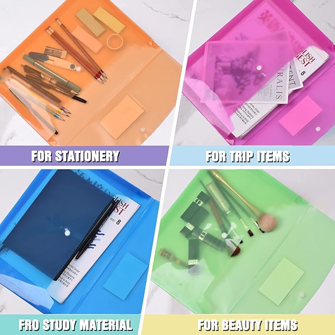 10 Pack Plastic Envelopes with Snap Closure,TFDLCG zm Poly File Envelopes with Label Pocket,Clear Document Folders,A4 Letter Size(13"×9.5") for School Home Work Office,Assorted Colors