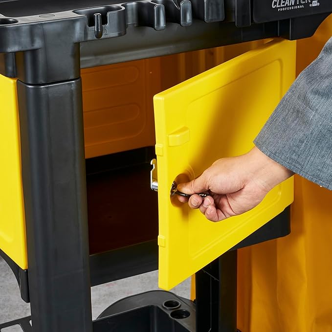 Restaurantware-Clean Tek Professional 3-Shelf Janitor Cart with Wheels, 1 Cleaning Trolley with Cover and 21 Gallon Bag - Includes 1 Single Locking Cabinet, Heavy-Duty, Gray Plastic Janitorial Cart