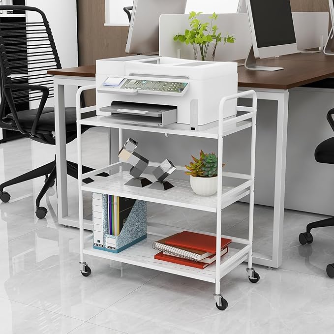 3-Tier Mesh Metal Rolling Cart, Multipurpose Heavy Duty Cart, Multipurpose Storage Rack,Utility Cart, High Capacity Cart with Locking Wheels(White)