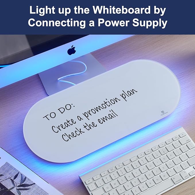 TSJ OFFICE Glass Desktop Whiteboard - 17 X 7 Inches Small Dry Erase Board with Blue Light, Glass White Board Surface Notepad with 1 Drawer, Desk Organizers for Office, Home, School Supplies