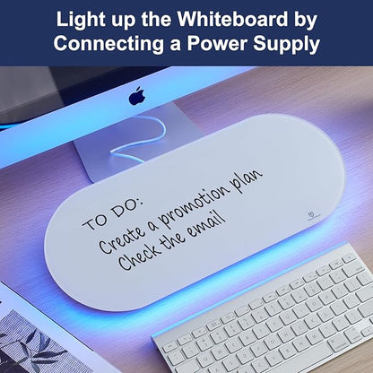 TSJ OFFICE Glass Desktop Whiteboard - 17 X 7 Inches Small Dry Erase Board with Blue Light, Glass White Board Surface Notepad with 1 Drawer, Desk Organizers for Office, Home, School Supplies