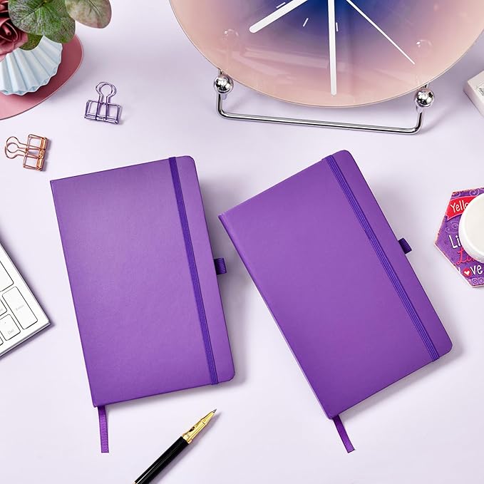 Dotted Journal/Notebook - Dot Grid Hard Cover Notebook, Premium Thick Paper with Fine Inner Pocket, Black Smooth Faux Leather, Pen Loop, 5.3'' x 8.26'' - Lavender