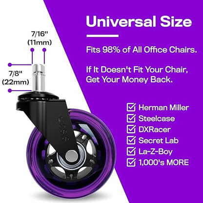 The Original Roller Style Office Chair Wheels (As Seen On PBS) - Incredibly Smooth & Quiet Rolling Casters - Safe for Hardwood Floors & Carpet - Easy Install with Universal Fit - Set of 5 - Purple