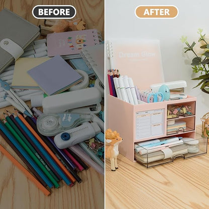 Desk Organizer with 3 Drawer, Multi-Functional Pencil Pen Holder for Desk, Desk Organizers and Storage with 8 Compartments, Desktop Organizer for Office Home Art Supplies (Pink)