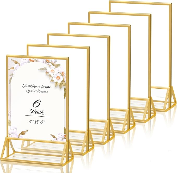 4X6 Gold Frames Double Sided Acrylic Sign Holder Tabletop Picture Frames Vertical Display Stand for Shop School Home Photos Wedding,Set of 6