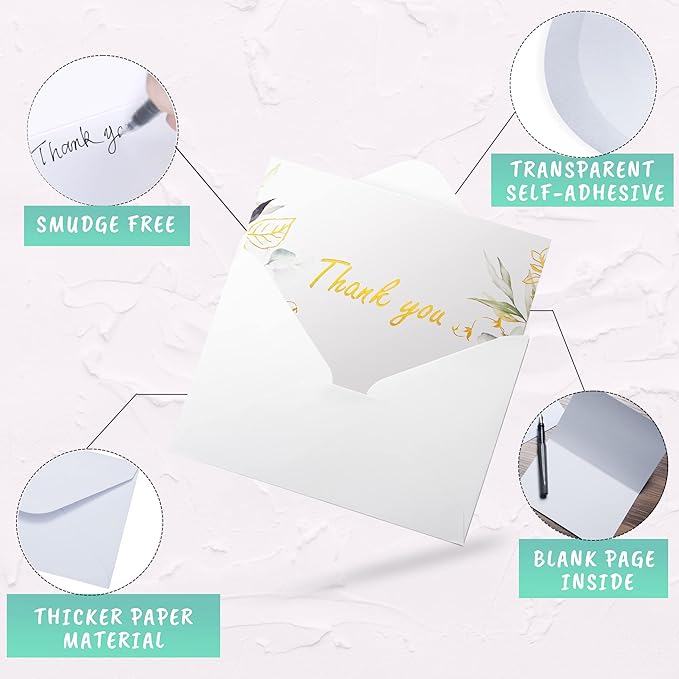 100 Bulk Thank You Cards with Envelopes White and Greenery Gold Foil – Floral watercolor Cards Thank You Notes with Envelopes and Eucalyptus leaves for Wedding Bridal Baby Shower Graduation Fune