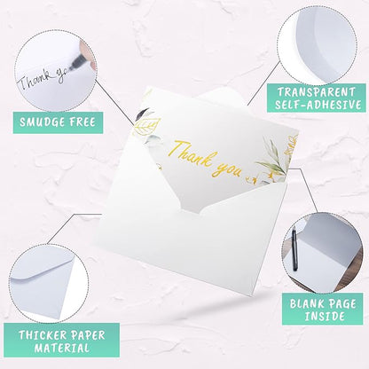 100 Bulk Thank You Cards with Envelopes White and Greenery Gold Foil – Floral watercolor Cards Thank You Notes with Envelopes and Eucalyptus leaves for Wedding Bridal Baby Shower Graduation Fune