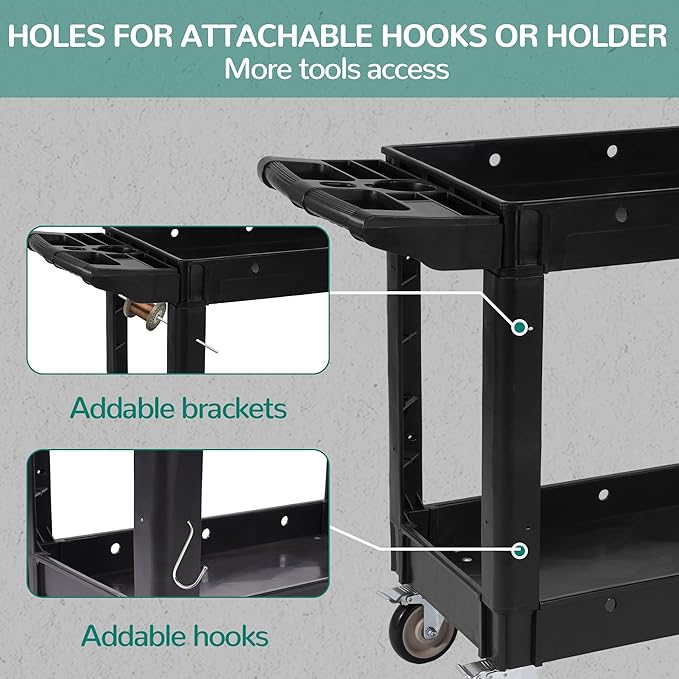 Elevon Service Utility Cart, 2-Shelf 550LBS Heavy Duty Plastic Rolling Tool Cart 2 Swivel Casters with Brakes, Ergonomic Storage Handle for Warehouse, Garage, Cleaning, Manufacturing - Black