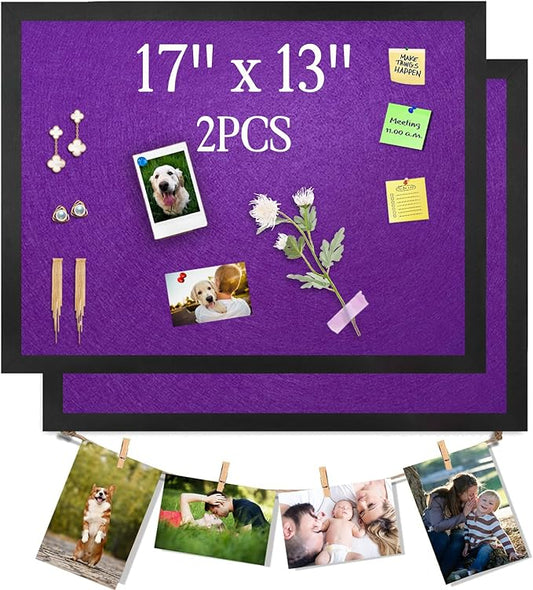 Bulletin Boards Cork Board with Felt, 17"x13" Small Display Pin Board Vision Board for Walls, Jewelry, Notes, Collection, Photos, Office, Wood Framed(Black) & Felt(Purple), 2pc
