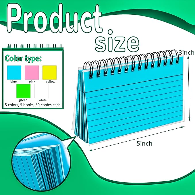 MotBach 250 Sheets Spiral Ruled Index Cards, 5 x 3 Inch, Multicolored Spiral Bound Lined Index Cards Learning Note Cards Flash Cards with PP Cover for Memory Learning Home School Office To Do List